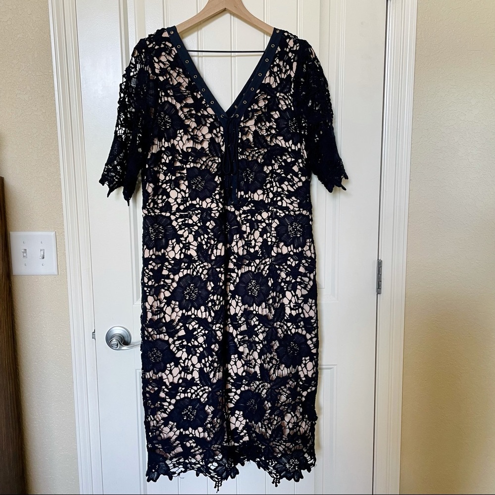 Navy Lace Overlay Midi Dress with Nude Lining